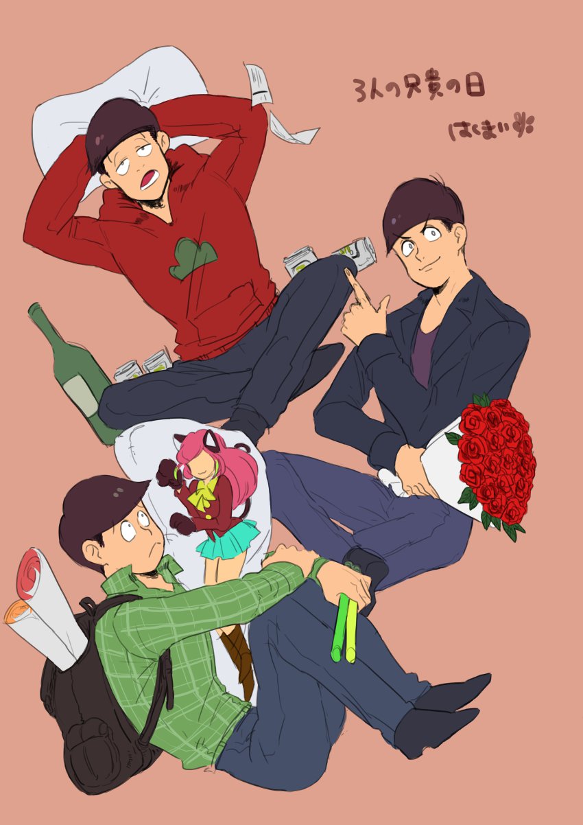10s, 3boys, :<, absurdres, alcohol, arms_behind_head, backpack, bad_id, bad_twitter_id, bag, beer_can, bottle, bouquet, brothers, brown_hair, can, dakimakura_(object), denim, drink_can, flower, glowstick, hakumai_(ea01-ka), hashimoto_nyaa, highres, indian_style, jacket, leather, leather_jacket, looking_at_viewer, male_focus, matsuno_choromatsu, matsuno_karamatsu, matsuno_osomatsu, multiple_boys, osomatsu-kun, osomatsu-san, osomatsu_(series), pillow, plaid, poster_(medium), poster_(object), red_flower, red_rose, rose, sake, short_hair, siblings, sitting, smile, sweater