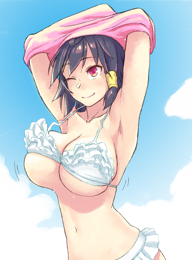 10s, 1girl, ;), armpits, arms_up, bikini, black_hair, bouncing_breasts