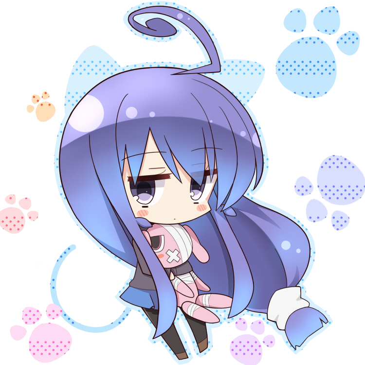 1girl, absurdly_long_hair, acchi_kocchi, ahoge, blue_eyes, blue_hair, chibi, chitose_kiri, female_focus, long_hair, low-tied_long_hair, matching_hair/eyes, miniwa_tsumiki, solo, very_long_hair