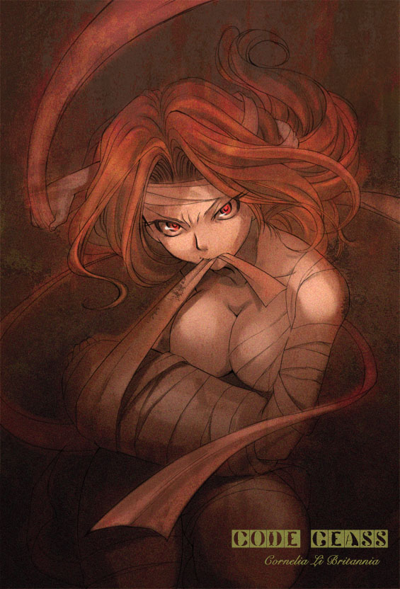 00s, 1girl, angry, bandages, breasts, cleavage, code_geass, cornelia_li_britannia, female_focus, kacka, long_hair, monochrome, mouth_hold, red_eyes, red_theme, solo