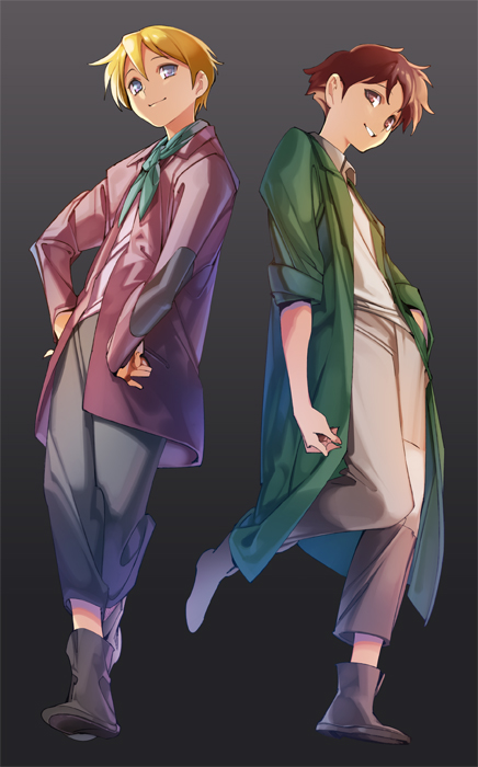 1990s_(style), 2boys, alfredo_martini, blonde_hair, blue_eyes, brown_eyes, brown_hair, gradient_background