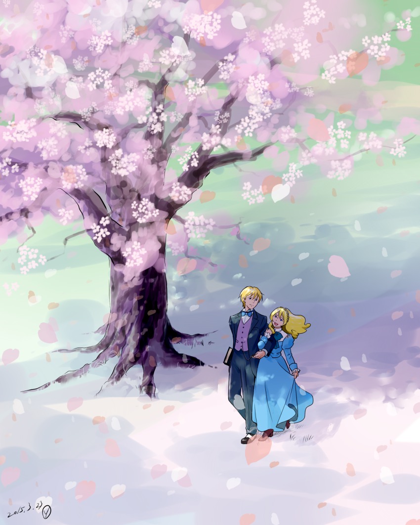 1990s_(style), 1boy, 1girl, absurdres, alfredo_martini, bianca_martini, blonde_hair, blue_eyes, brother_and_sister, highres, long_hair, petals, romeo_no_aoi_sora, sakai_yume, short_hair, siblings, tree, alternate_universe
