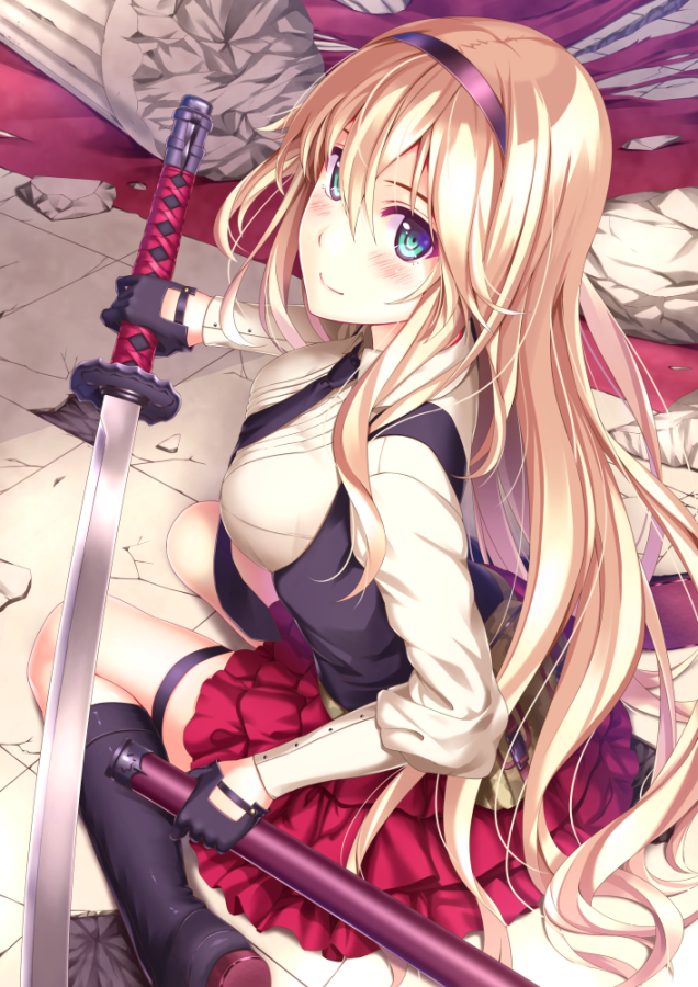 1girl, arm_guards, armor, bag, black_boots, black_gloves, black_necktie, blonde_hair