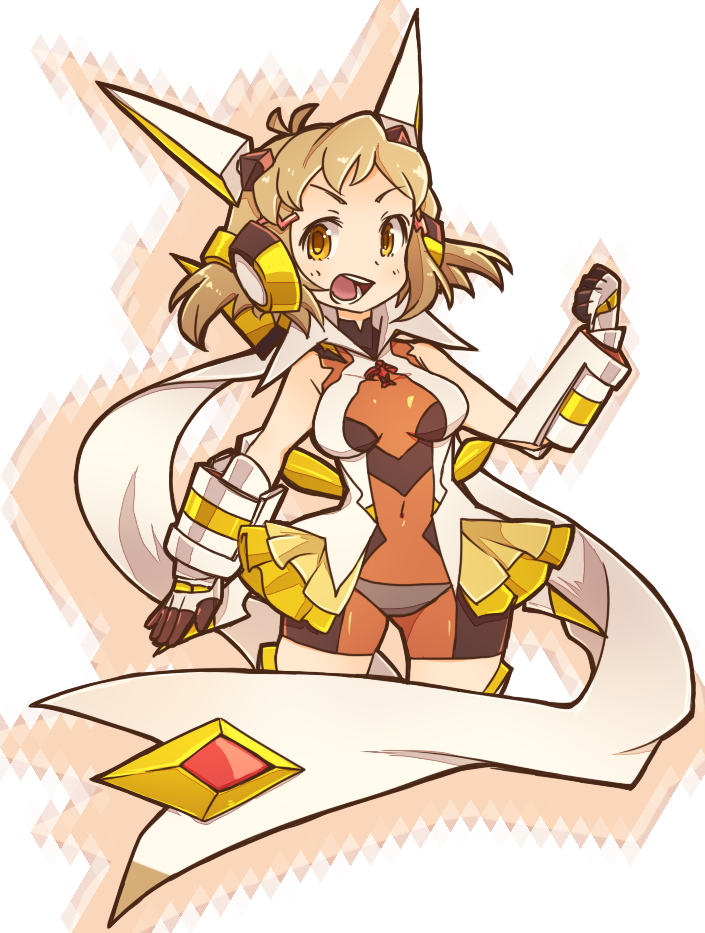 10s, 1girl, :d, antenna_hair, argyle_background, argyle_clothes, armor, bare_shoulders