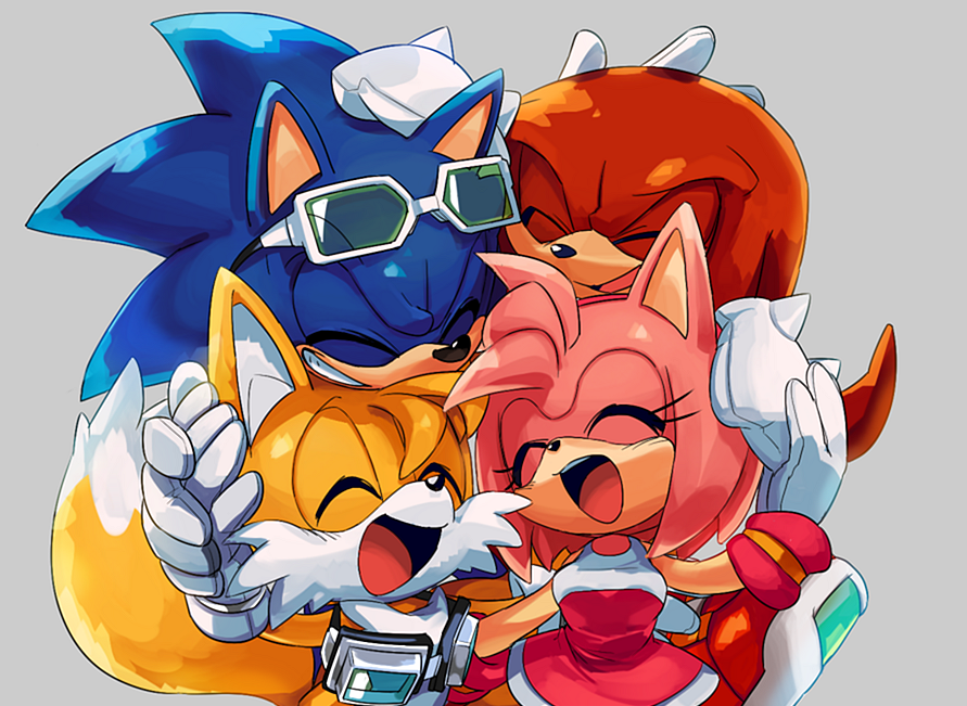 1boy, 1girl, amy_rose, amy_rose_(riders), animal_nose, everyone, furry, furry_female, furry_male, glasses, gloves, hand_on_another's_head, knuckles_the_echidna, knuckles_the_echidna_(riders), sega, sonic_(series), sonic_riders, sonic_riders_(series), sonic_the_hedgehog, sonic_the_hedgehog_(riders), sunglasses, tails_(riders)_(sonic), tails_(sonic)