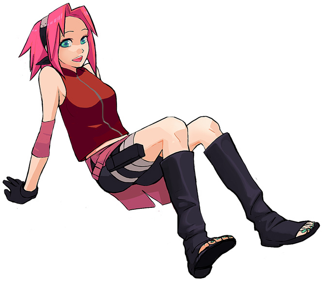 1girl, arm_support, arm_warmers, bad_id, bad_pixiv_id, bandages, bare_shoulders, bike_shorts, black_boots, black_gloves, boots, breasts, feet, female_focus, full_body, gloves, green_eyes, green_nails, haruno_sakura, holster, kitayama, knee_boots, looking_at_viewer, nail_polish, naruto_(classic), naruto_(series), naruto_shippuuden, open_mouth, pink_hair, pink_skirt, red_shirt, shirt, shoes, short_hair, shorts, shorts_under_skirt, side_slit, simple_background, sitting, skirt, sleeveless, sleeveless_shirt, smile, solo, spandex, thigh_holster, thigh_strap, toeless_footwear, toenail_polish, toenails, toes, white_background