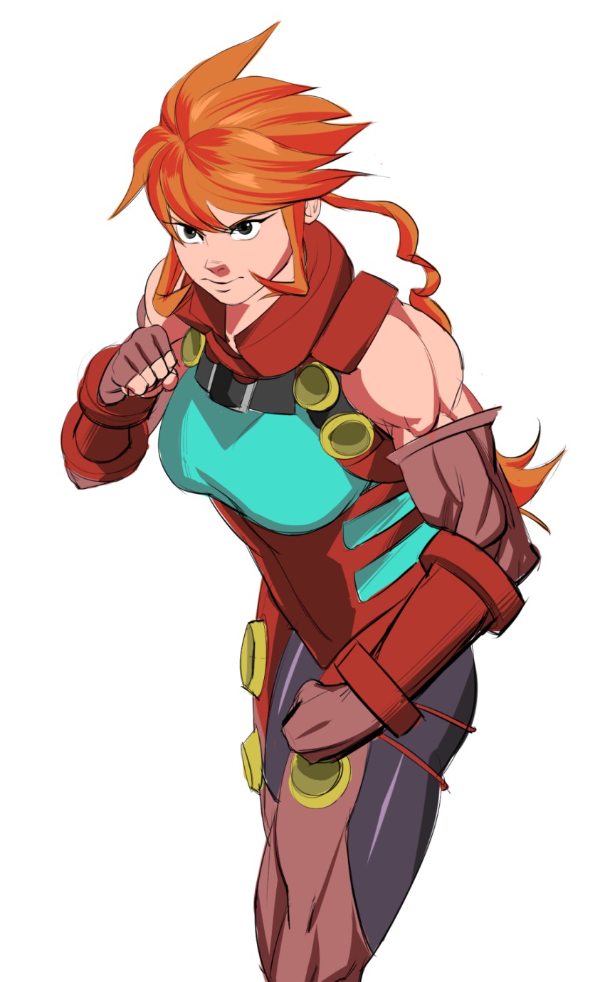 1girl, biceps, breasts, clenched_hands, elle_ragu, female_focus, fighting_stance, fingerless_gloves, gloves, grey_eyes, highres, muscular, muscular_female, orange_hair, pomki, shadow_skill, sidelocks, solo, vambraces, white_background