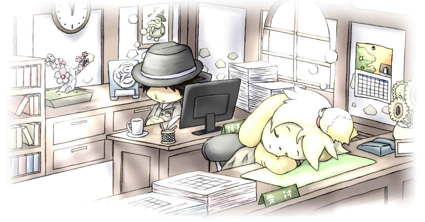 1boy, 1girl, blonde_hair, desk, animal_crossing, closed_eyes, furry, furuya_muku