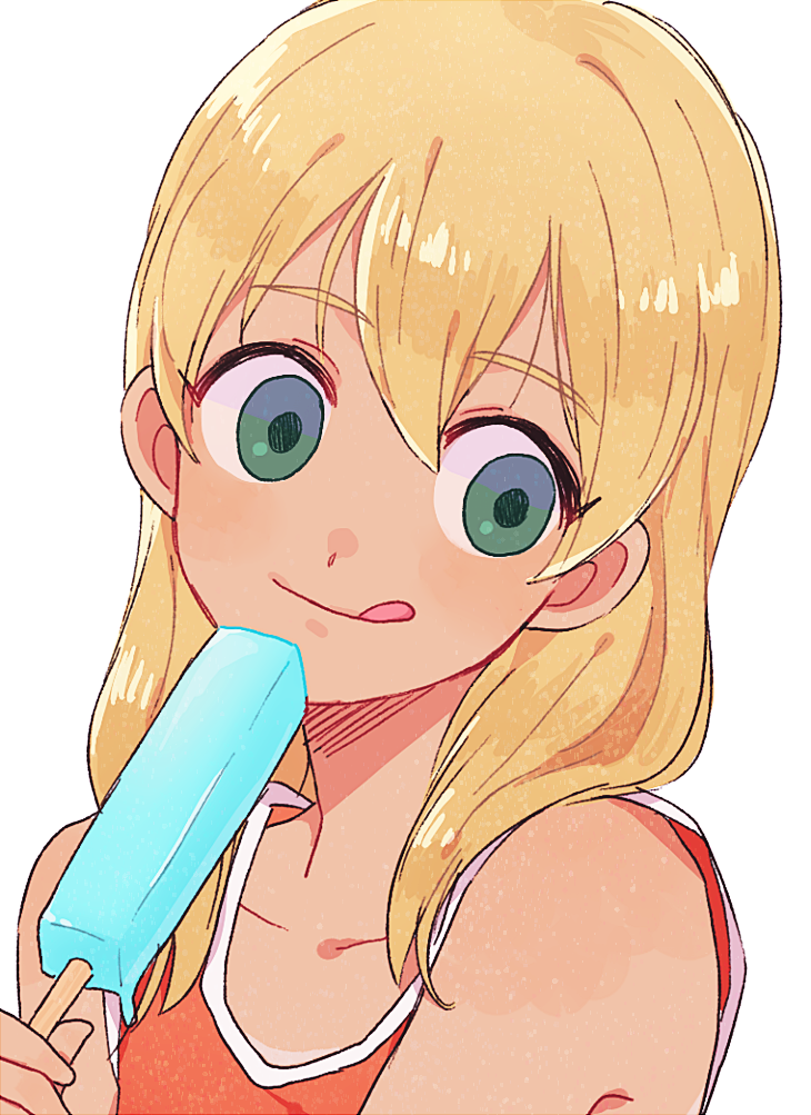 1boy, :p, :q, blonde_hair, blush, food, green_eyes, inazuma_eleven, inazuma_eleven_(series), long_hair, male_focus, miyasaka_ryou, pikara, popsicle, simple_background, solo, tank_top, tongue, tongue_out, trap, white_background