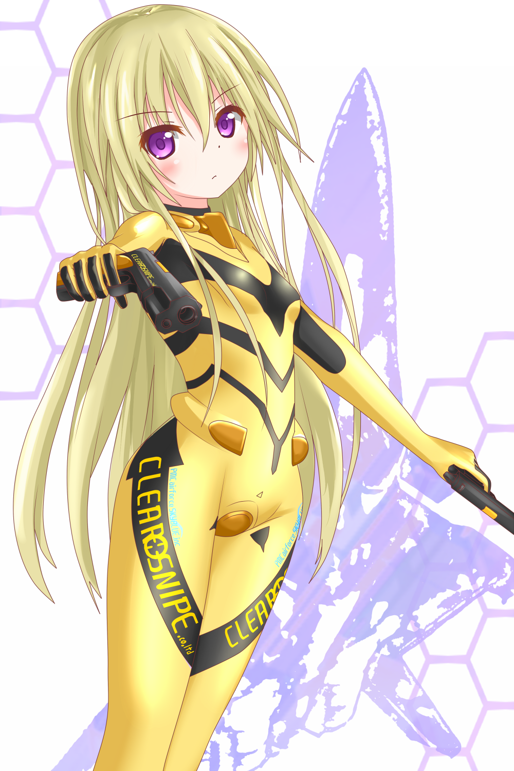 10s, 1girl, blonde_hair, bodysuit, breasts, brown_eyes, dual_wielding, female_focus