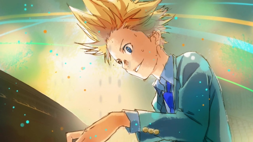 10s, 1boy, aiza_takeshi, blonde_hair, blue_eyes, blue_necktie, formal_clothes, male_focus, necktie, official_art, open_mouth, shigatsu_wa_kimi_no_uso, solo, spiked_hair