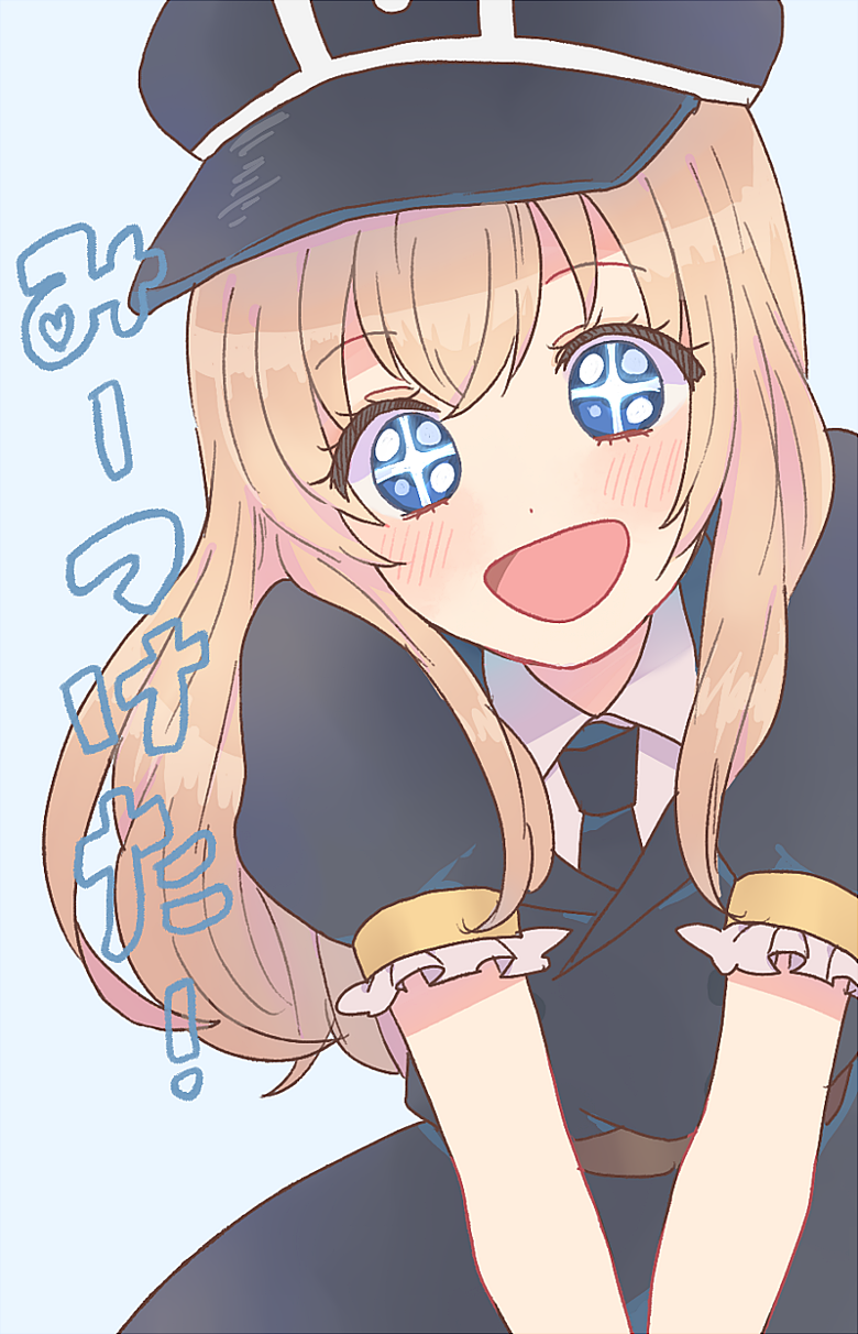 10s, 1boy, blonde_hair, blue_eyes, crossdressing, crossdressing_(mtf), dress, hat, highres, long_hair, male_focus, midare_toushirou, military, military_uniform, open_mouth, pikara, smile, solo, touken_ranbu, trap
