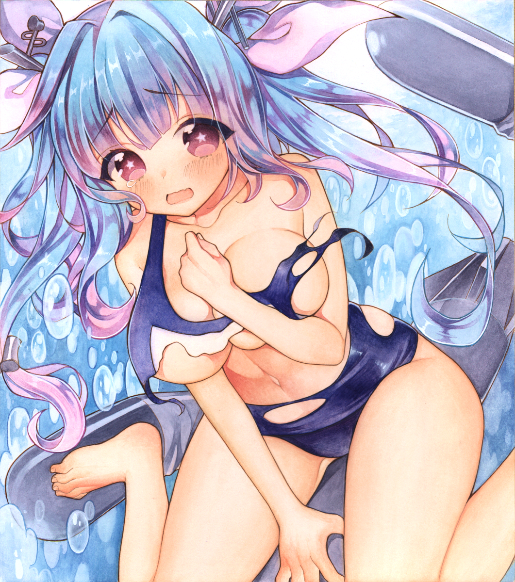10s, 1girl, barefoot, blue_hair, breasts, female_focus, highres, i-19_(kancolle)
