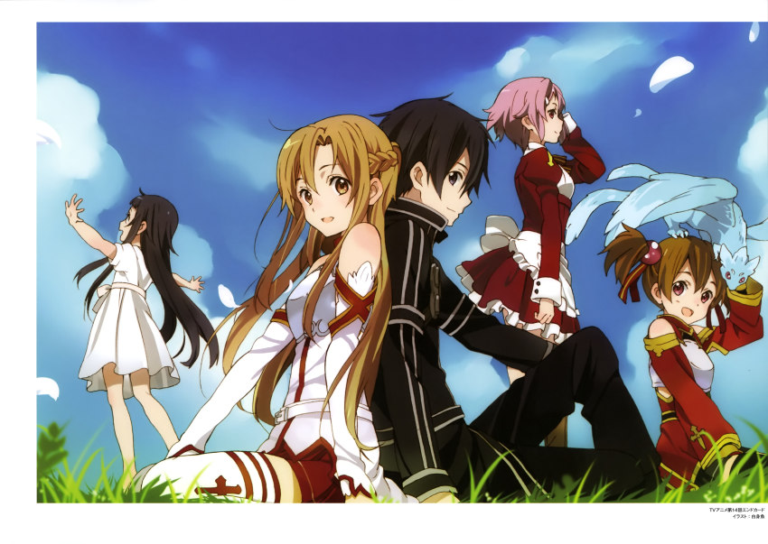 10s, 1boy, 4girls, absurdres, asuna_(sao), back-to-back, black_eyes, black_hair