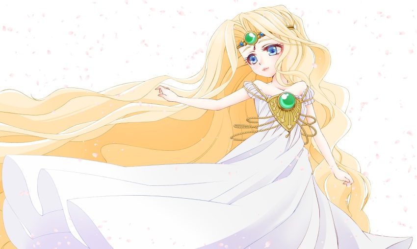 1990s_(style), 1girl, absurdly_long_hair, bare_shoulders, blonde_hair, blue_eyes, circlet, dress, emeraude_(rayearth), female_focus, gem, long_hair, magic_knight_rayearth, nabeko_(pixiv2128292), parted_lips, pearl_(gemstone), petals, retro_artstyle, solo, very_long_hair, white_dress, wind