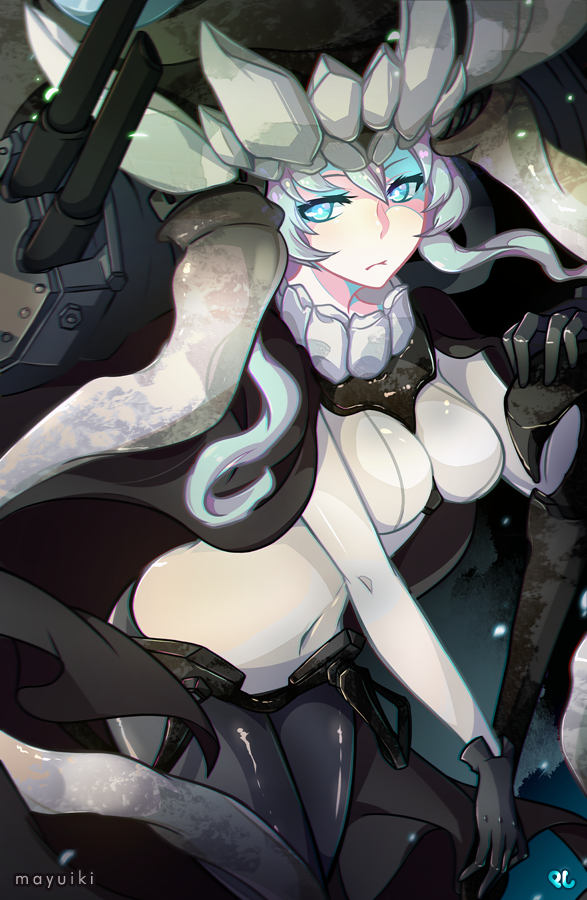 10s, 1girl, abyssal_ship, black_gloves, bodysuit, cane, cape, covered_navel