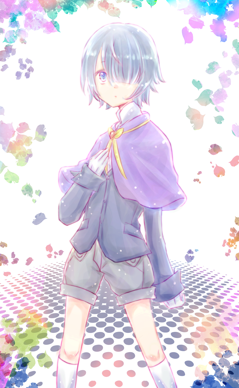 1boy, blue_hair, capelet, comet_lucifer, gloves, hair_over_eyes, highres, looking_at_viewer