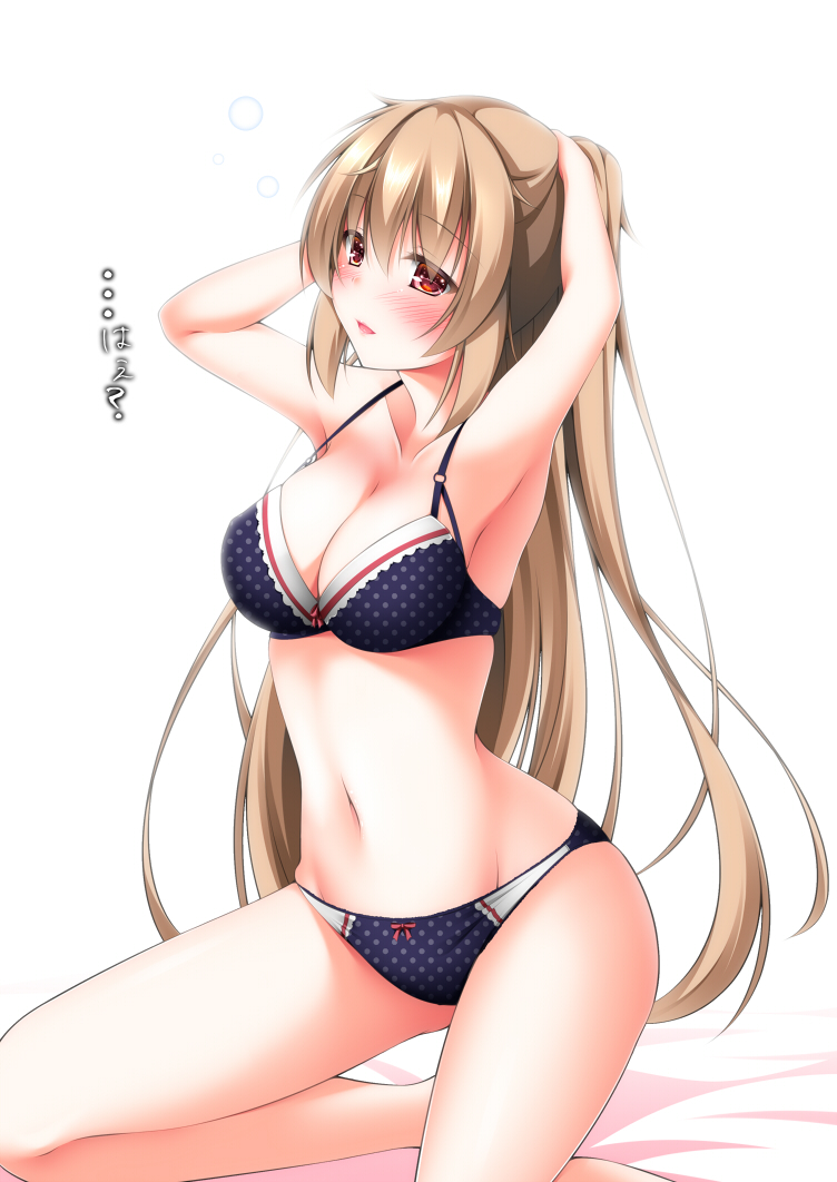 10s, 1girl, adjusting_hair, armpits, arms_up, bare_shoulders, blush, bow