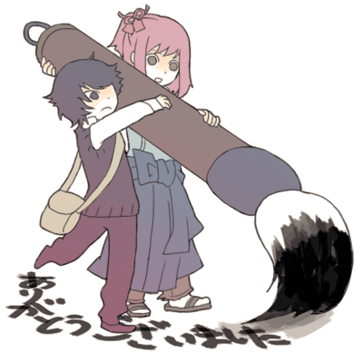 00s, 2boys, bag, calligraphy_brush, chibi, giant_brush, ink, lowres