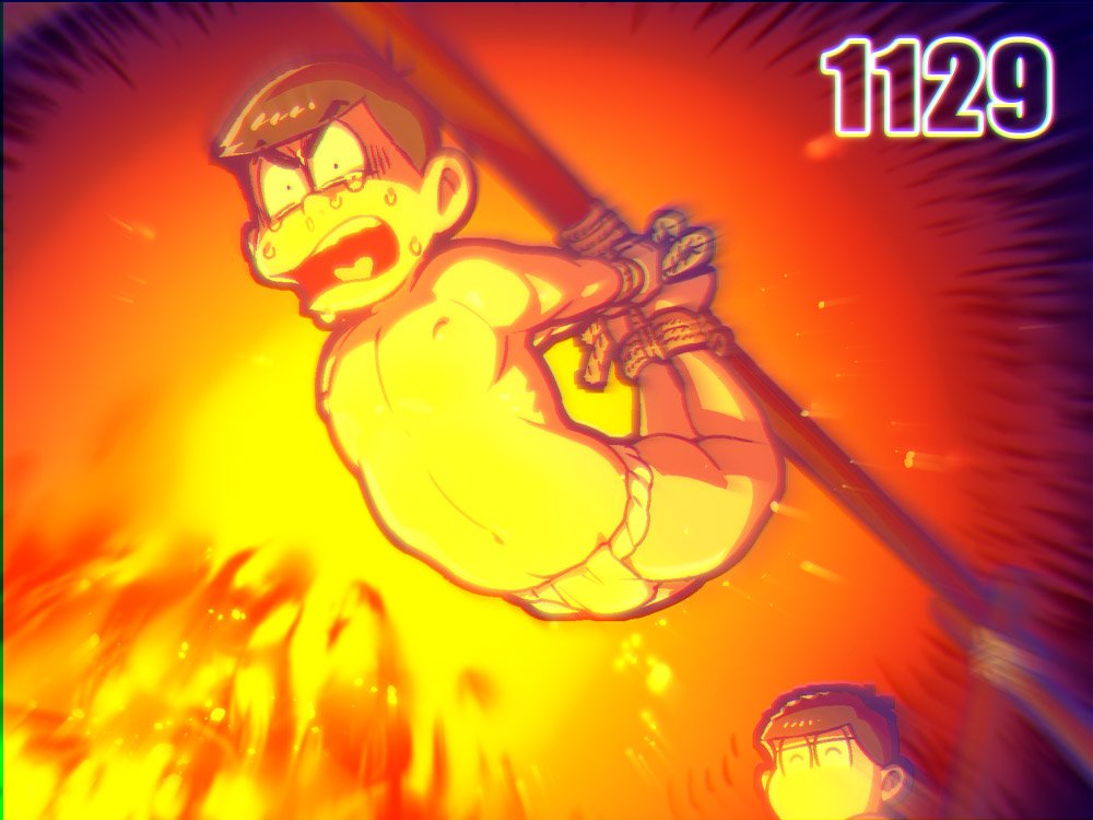 10s, 2boys, ^_^, bnjgm., bonfire, bound, bound_ankles, bound_wrists, brothers, closed_eyes, crying, dated, fire, fundoshi, japanese_clothes, male_focus, male_underwear, matsuno_ichimatsu, matsuno_karamatsu, meat_day, multiple_boys, osomatsu-kun, osomatsu-san, osomatsu_(series), rotisserie, siblings, tears, tied_up_(nonsexual), timestamp, underwear, white_male_underwear