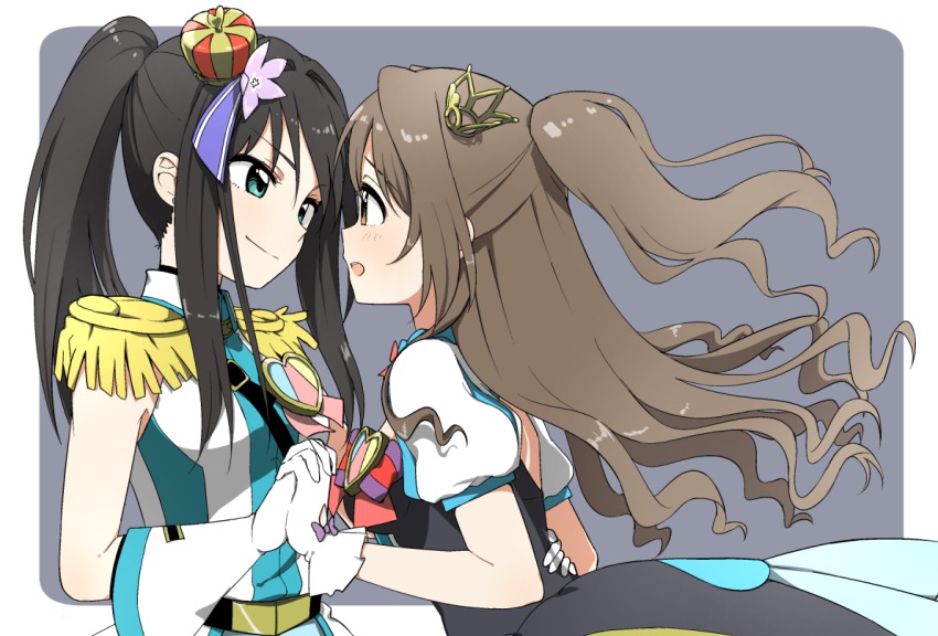 >:), 10s, 2girls, aqua_eyes, black_hair, brown_eyes, brown_hair, crown, crystal_night_party, dress, epaulettes, eye_contact, from_side, gloves, half_updo, holding_hands, hand_on_another's_hip, idolmaster, idolmaster_cinderella_girls, long_hair, looking_at_another, mini_crown, multiple_girls, naraba_yueni, one_side_up, open_mouth, ponytail, profile, puff_and_slash_sleeves, puffy_short_sleeves, puffy_sleeves, shibuya_rin, shimamura_uzuki, short_sleeves, smile, star!!, v-shaped_eyebrows, white_gloves, yuri
