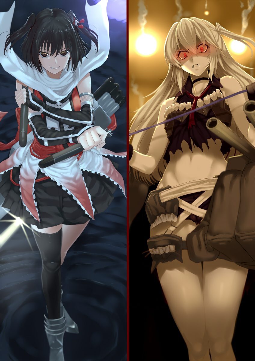 10s, 2girls, abyssal_ship, albino, belt, black_hair, black_legwear, black_skirt