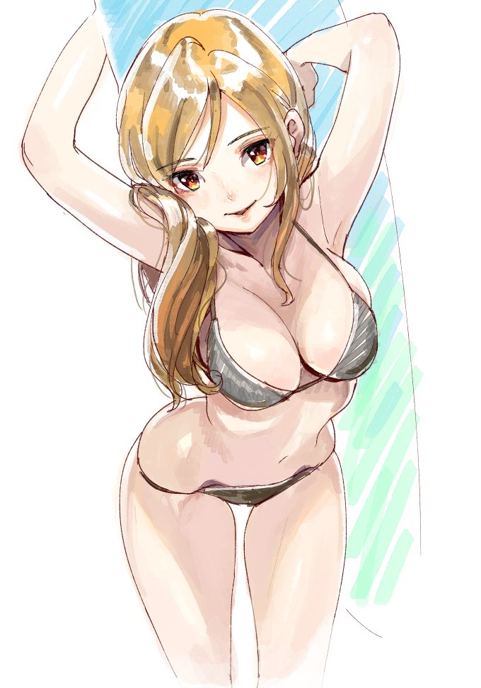 10s, 1girl, armpits, arms_up, bikini, black_bikini, breasts, brown_eyes