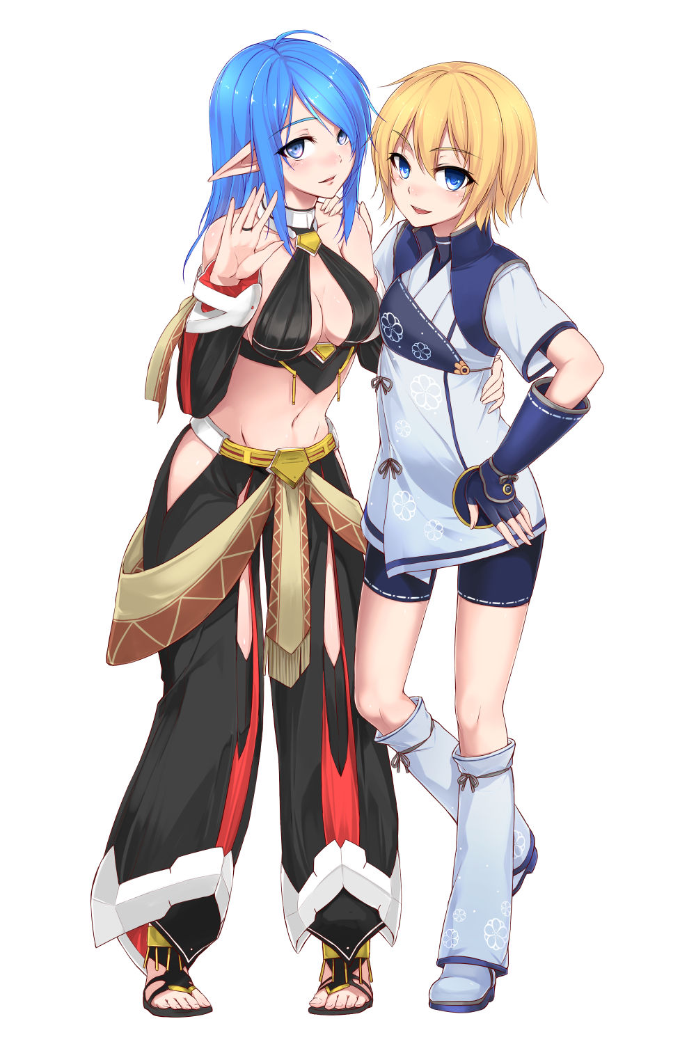2girls, alph_lyla, bare_hips, bare_shoulders, bike_shorts, blue_eyes, blue_hair, blush