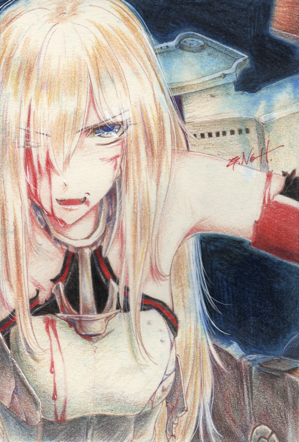10s, 1girl, armpits, bismarck_(kancolle), blonde_hair, blood, blood_on_clothes, blood_on_face