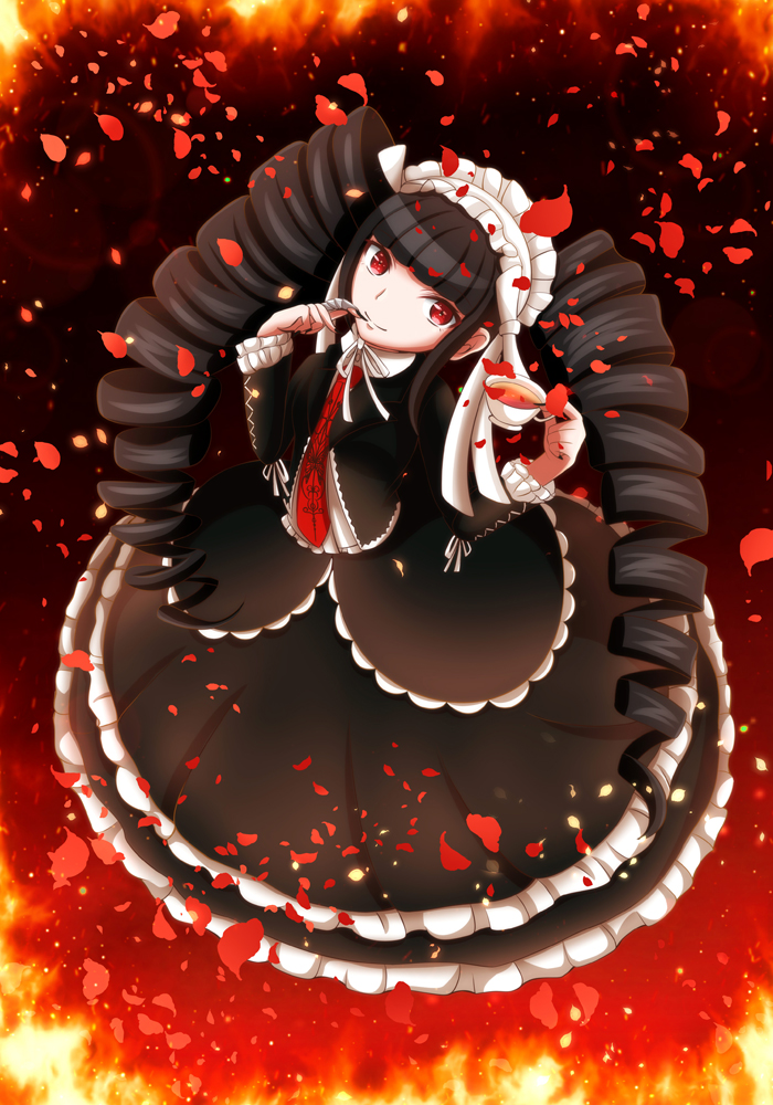 10s, 1girl, black_dress, black_hair, bonnet, celestia_ludenberg, claw_ring, cup