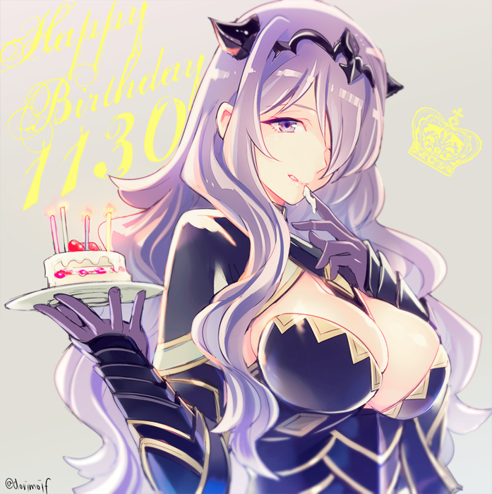 1girl, breasts, cake, camilla_(fire_emblem), candle, cleavage, dorimoif, female_focus, fire_emblem, fire_emblem_fates, food, hair_over_one_eye, happy_birthday, large_breasts, licking_lips, lips, long_hair, miyuki_ruria, nintendo, plate, purple_eyes, purple_hair, solo, tongue, tongue_out