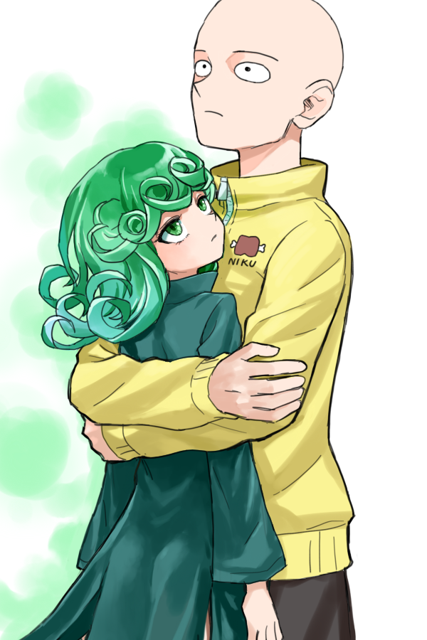 1boy, 1girl, bald, dress, green_eyes, green_hair, hetero, hiboshi_daizu