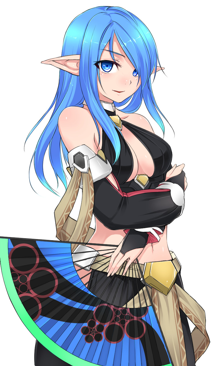 1girl, alph_lyla, bare_shoulders, blue_eyes, blue_hair, breasts, bridal_gauntlets, cleavage, cleavage_cutout, clothing_cutout, detached_sleeves, female_focus, folding_fan, hair_over_one_eye, halterneck, hand_fan, highres, hip_vent, long_hair, looking_at_viewer, matching_hair/eyes, midriff, navel, original, phantasy_star, phantasy_star_online_2, pointy_ears, ryou@ryou, sidelocks, simple_background, smile, solo, white_background