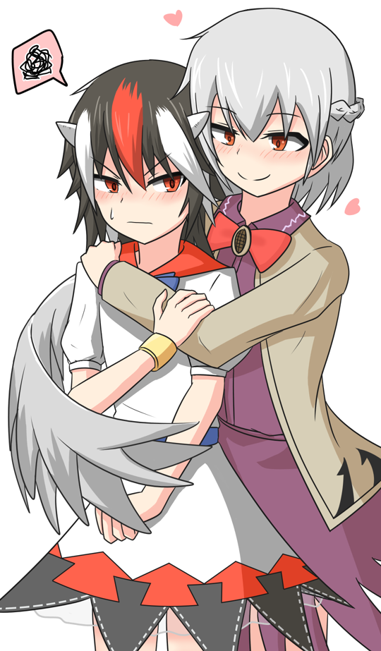 2girls, black_hair, blush, bow, bowtie, bracelet, braid, dress, grey_horns, heart, horns, hug, hug_from_behind, jacket, jewelry, kijin_seija, kishin_sagume, mega_yukke, multicolored_hair, multiple_girls, red_bow, red_eyes, red_hair, short_hair, single_wing, small_horns, smile, spoken_squiggle, squiggle, streaked_hair, sweat, touhou, v-shaped_eyebrows, white_hair, wing_hug, wings, yuri