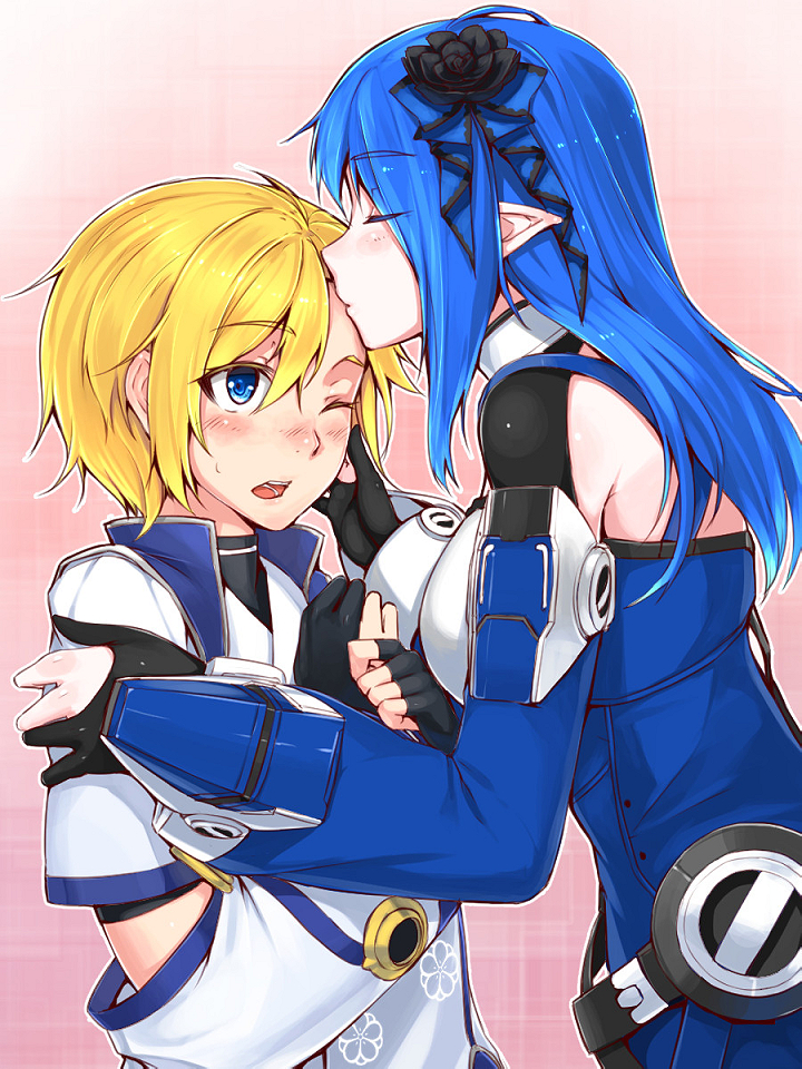 2girls, ;o, arm_grab, back, belt, belt_skirt, black_gloves, blue_eyes