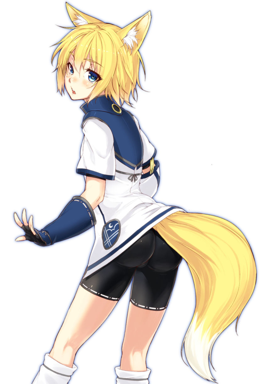 1girl, :o, animal_ears, ass, bike_shorts, black_gloves, blonde_hair, blue_eyes, blush, female_focus, fox_ears, fox_tail, gloves, hamano_ikusa, highres, iris_(ryou@ryou), looking_at_viewer, original, phantasy_star, phantasy_star_online_2, ryou@ryou, short_hair, simple_background, solo, tail, white_background