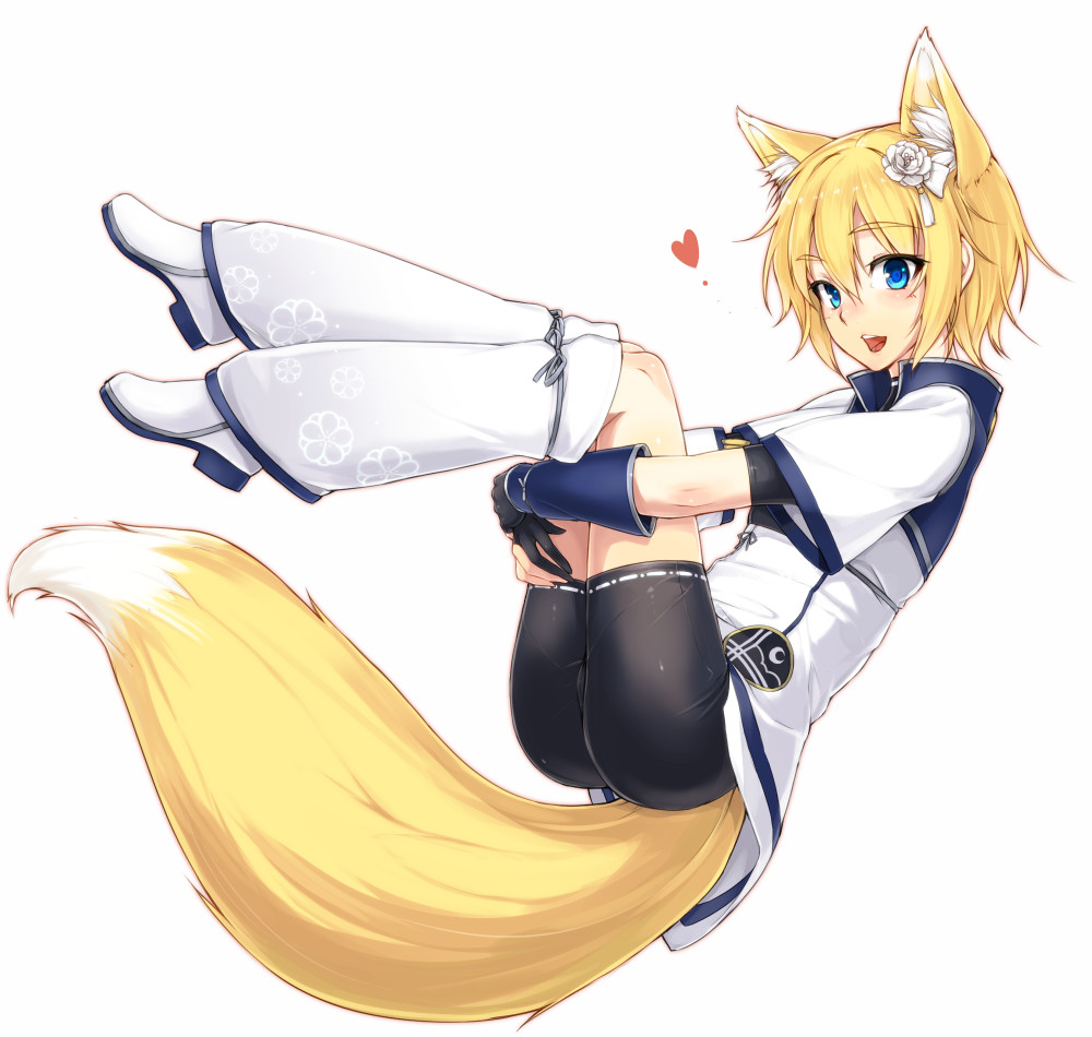 1girl, :d, animal_ears, bike_shorts, black_gloves, blonde_hair, blue_eyes, blush, female_focus, flower, fox_ears, fox_tail, gloves, hair_flower, hair_ornament, hamano_ikusa, heart, iris_(ryou@ryou), knees_together_feet_apart, looking_at_viewer, open_mouth, original, phantasy_star, phantasy_star_online_2, ryou@ryou, short_hair, simple_background, smile, solo, tail, white_background