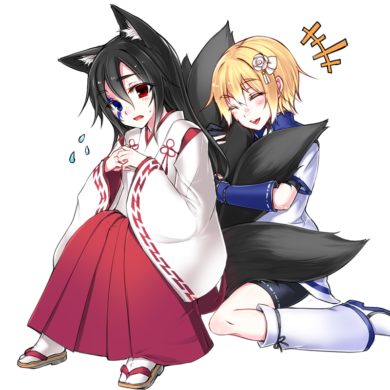 +++, 2girls, animal_ears, bike_shorts, blue_eyes, blush, flower, flying_sweatdrops