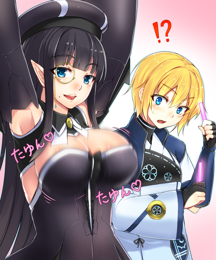 !?, 2girls, armpits, arms_up, black_hair, blonde_hair, blue_eyes, blunt_bangs