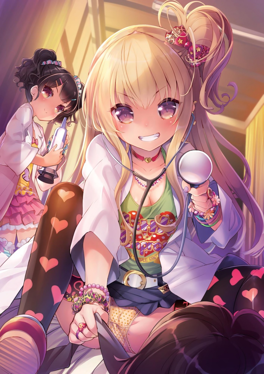 1boy, 2girls, amekaji_gyaru, animal_print, bead_bracelet, beads, belt, black_hair, blonde_hair, blush, bow, bracelet, breasts, casual, choker, cleavage, clothes_grab, clothes_writing, crotch_seam, ear_piercing, flower_bracelet, furrowed_brow, girls_for_m, grin, gyaru, hair_ornament, hair_scrunchie, heart, heart_print, highres, jewelry, lab_coat, lace, lace-trimmed_panties, lace_trim, leopard_print, loli, long_hair, medium_breasts, multiple_girls, nail_polish, necklace, necktie, necktie_grab, neckwear_grab, original, panties, pantyshot, piercing, physical_examination, polka_dot, polka_dot_panties, pov, print_bow, print_legwear, purple_eyes, purple_nails, ring, scrunchie, side_ponytail, sitting, sitting_on_person, skirt, smile, sorimura_youji, star_(symbol), star_print, stethoscope, striped_clothes, striped_legwear, striped_thighhighs, teeth, thighhighs, twintails, underwear, wrist_scrunchie, yellow_panties
