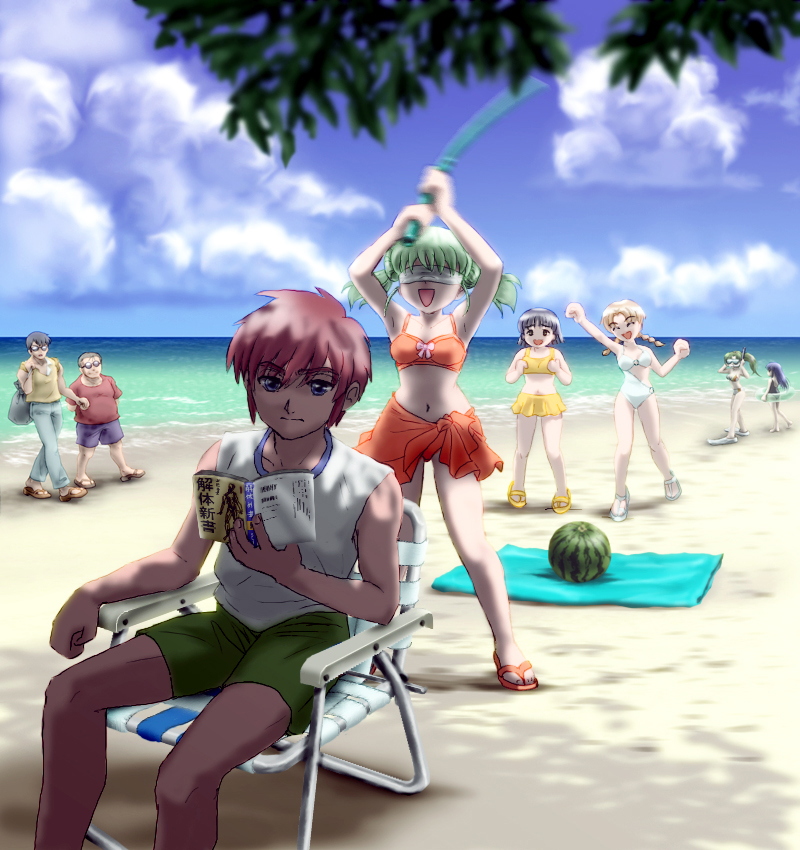 3boys, 5girls, akasaka_mamoru, beach, blindfold, blue_eyes, braid, chair, closed_eyes, cloud, day, double_bun, flip-flops, food, fruit, furude_rika, green_hair, hair_bun, happy, higurashi_no_naku_koro_ni, kimiyoshi_natsumi, long_hair, looking_at_another, makimura_tamako, motion_blur, multiple_boys, multiple_girls, ocean, on_chair, ooishi_kuraudo, open_mouth, outdoors, reading, red_hair, ryukishi07_(style), saeki_chisato, sandals, short_hair, shorts, sitting, sky, smile, sonozaki_mion, suikawari, sunglasses, swimsuit, tenkai_no_shinshi, toudou_akira, tree, watermelon