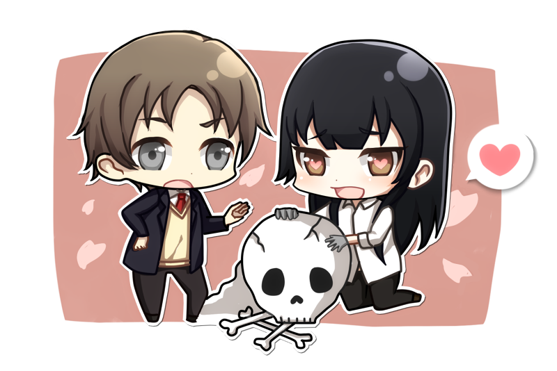 10s, 1boy, 1girl, bad_id, bad_pixiv_id, black_hair, blazer, bone