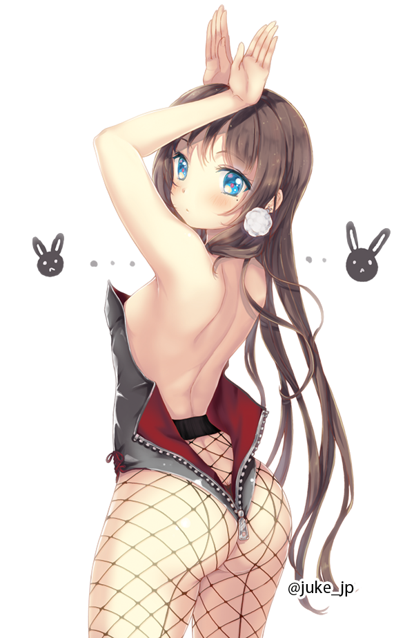 1girl, animal_print, armpits, arms_up, ass, back, bare_back, bare_shoulders
