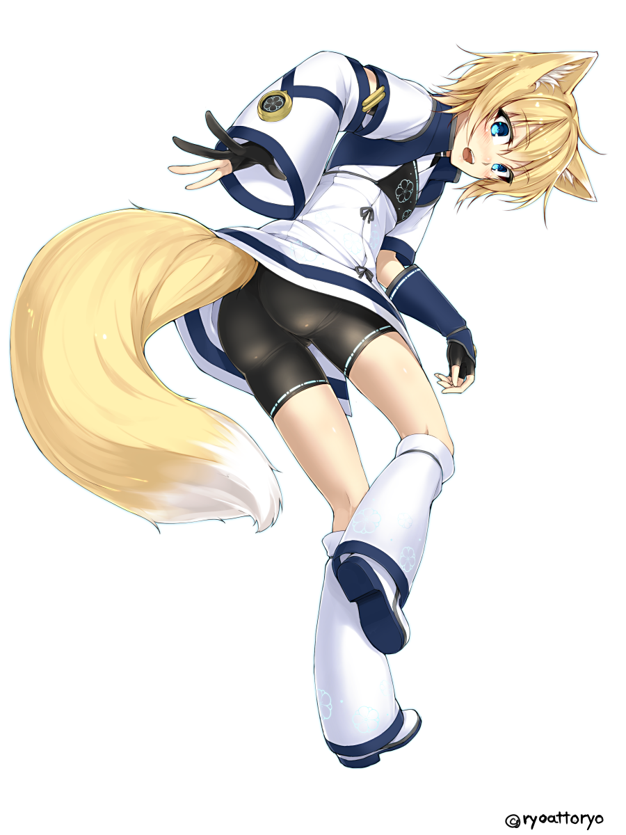 1girl, animal_ears, ass, bike_shorts, black_gloves, blonde_hair, blue_eyes, blush