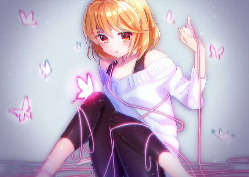 1girl, bemani, blonde_hair, brown_eyes, bug, butterfly, entangled, female_focus