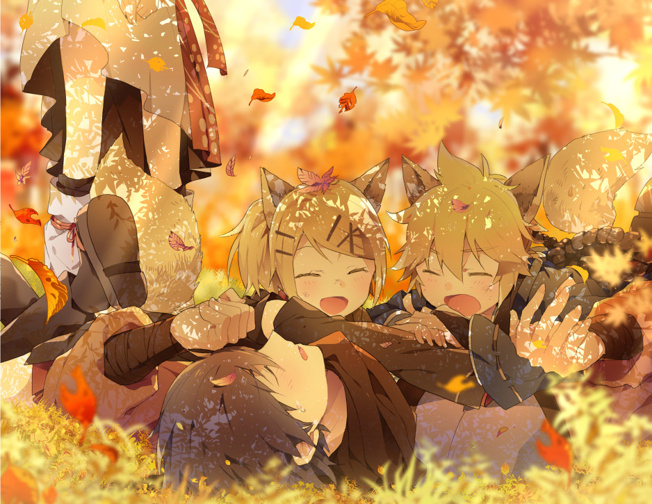 2boys, 2girls, :d, ^_^, animal_ears, autumn_leaves, blonde_hair, blue_hair