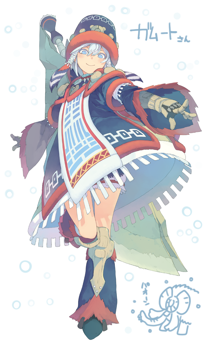 1girl, arms_at_sides, blue_eyes, blue_hair, blue_hat, capcom, coat, female_focus, from_below, full_body, fur, gammoth, gammoth_(armor), gauntlets, hair_between_eyes, hair_tubes, hat, huge_weapon, leg_warmers, looking_down, matching_hair/eyes, monster_hunter_(series), monster_hunter_x, morino_hon, short_hair, smile, solo, standing, standing_on_one_leg, sword, sword_on_back, tabard, weapon, weapon_on_back, wide_sleeves