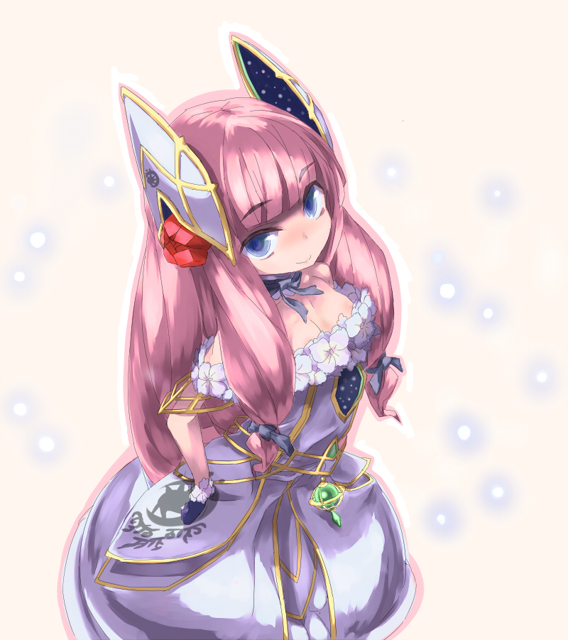 1girl, :>, aurora_(pso2), breasts, choker, dress, eyebrows, female_focus