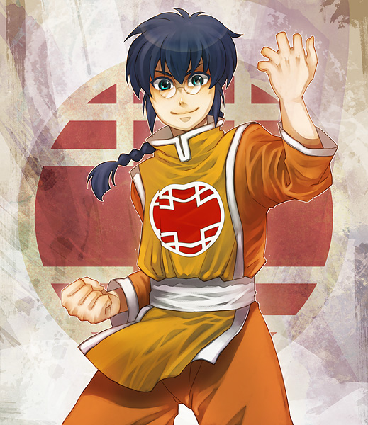 1boy, bad_id, bad_pixiv_id, blue_hair, braid, clenched_hand, glasses, kuniomi