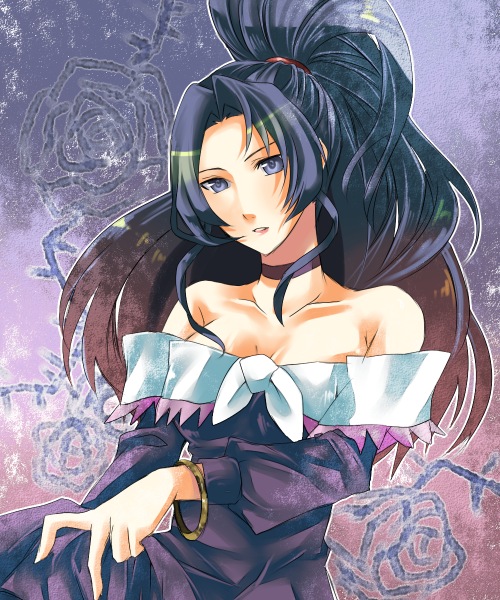 1girl, bangle, bare_shoulders, blue_eyes, bracelet, choker, female_focus, half_updo, jewelry, mavelle_froessen, naridon, solo, star_ocean, star_ocean:_first_departure, upper_body